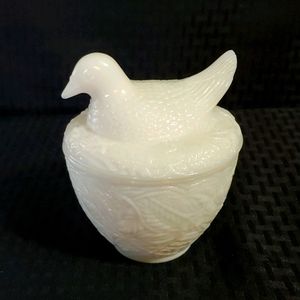 Vintage Avon Milk Glass Bird Basket Covered Dish
